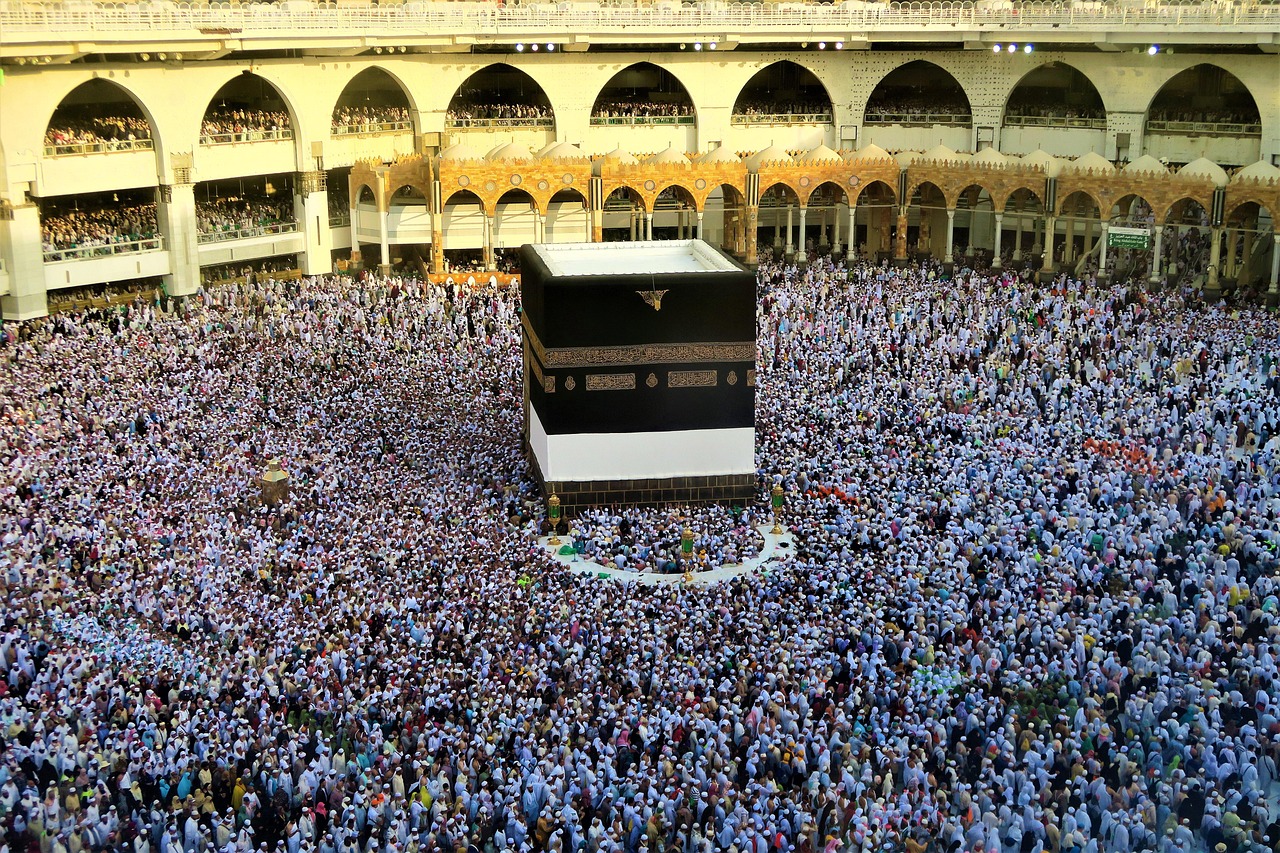 “Pilgrims performing Tawaf around the Holy Kaaba in Masjid al-Haram, Makkah during Hajj and Umrah”